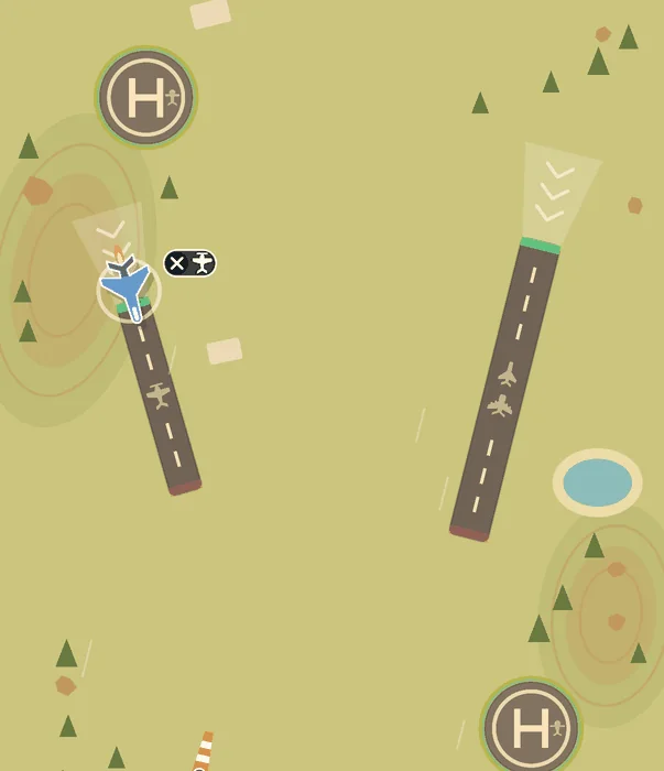 Highlands with a jet lined up with the short runway on the left. A small black tag with a white cross and a propeller plane symbol sits next to it.