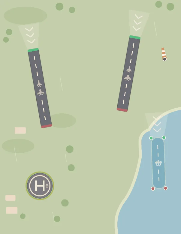 The Harbor airfield at dawn: two runways, a helipad on the left and a water lane in a bay on the right.