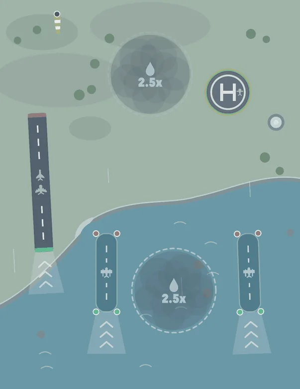 The Storm Coast airfield under cloud: a runway on the shore, two water lanes in the sea, a helipad and two round storm cells.
