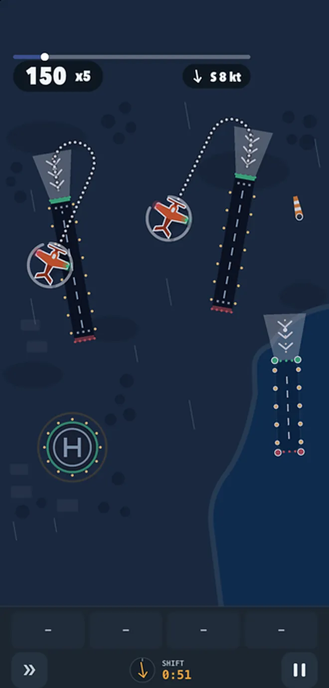 Harbor at night, in dark blue, with the runway edge lights on.