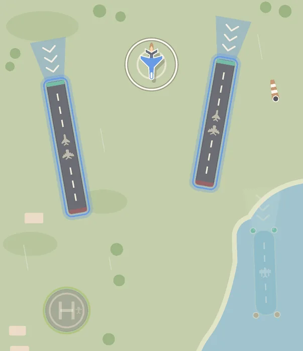 Harbor with a jet touched at the top. Both long runways have a blue glow, and the helipad and the water lane are faded.